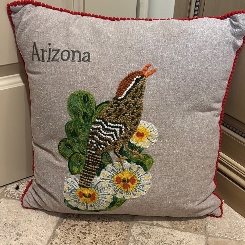 SundanceTaupe Linen Accent Pillow with Embroidered Bird and Flowers